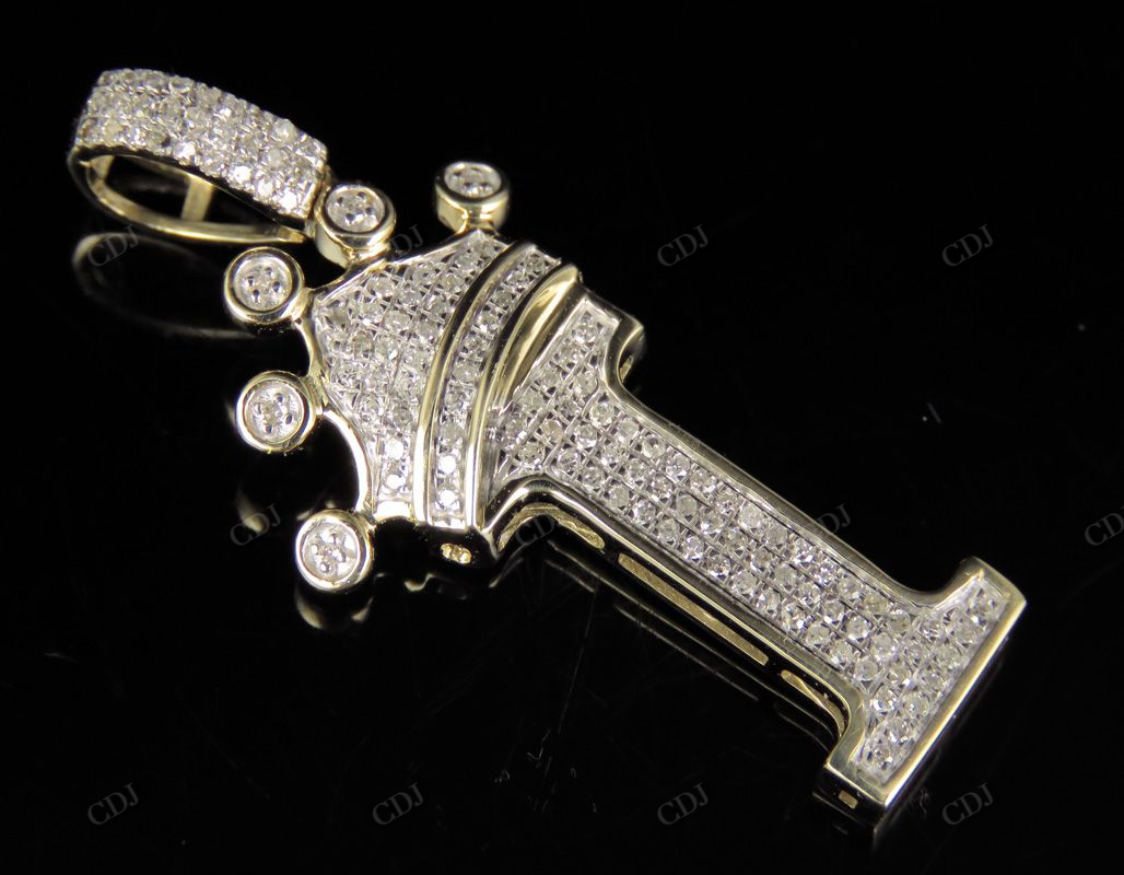 1.5" 0.4CTW 18K Gold Natural Diamond Crown Initial 'I' Letter Pendant CustomDiamJewel