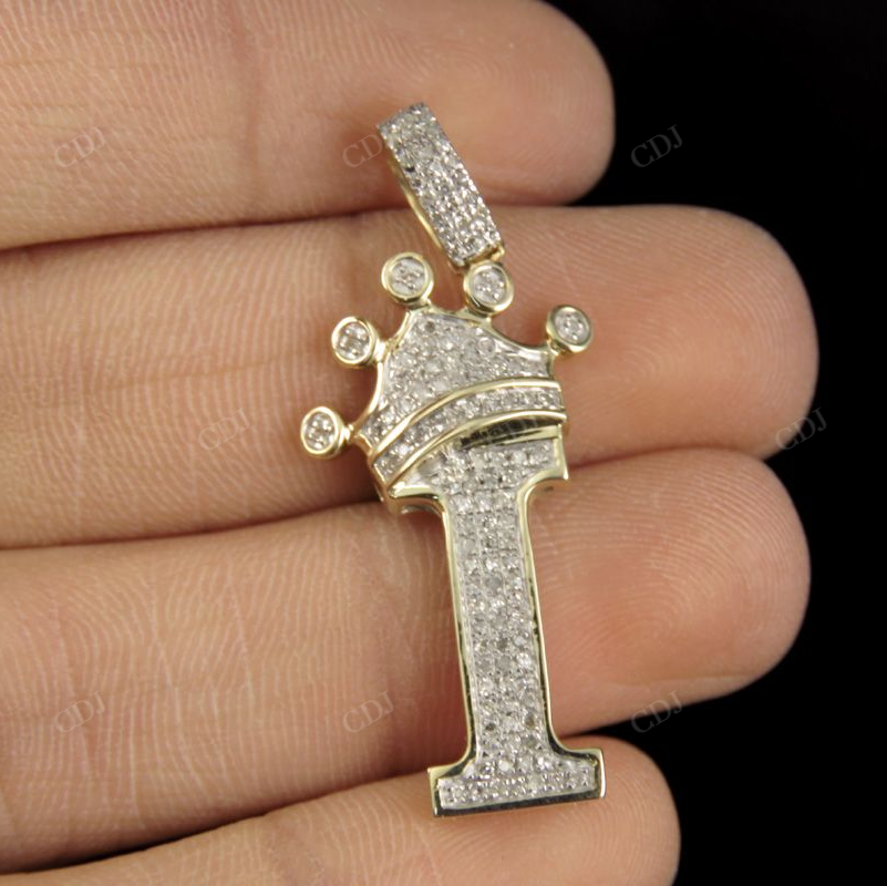 1.5" 0.4CTW 18K Gold Natural Diamond Crown Initial 'I' Letter Pendant CustomDiamJewel