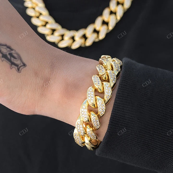 Sterling Silver Full Ice Out Yellow Gold Plated Cuban Bracelet hip hop jewelry CustomDiamJewel