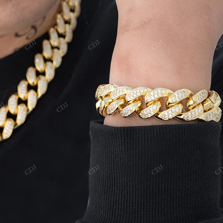 Sterling Silver Full Ice Out Yellow Gold Plated Cuban Bracelet hip hop jewelry CustomDiamJewel