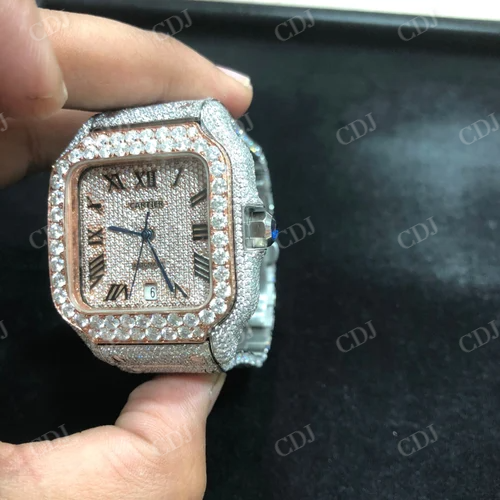 Rose White Tone Iced Out Moissanite Cartier Santos Roman Dial Watch hip hop jewelry customdiamjewel