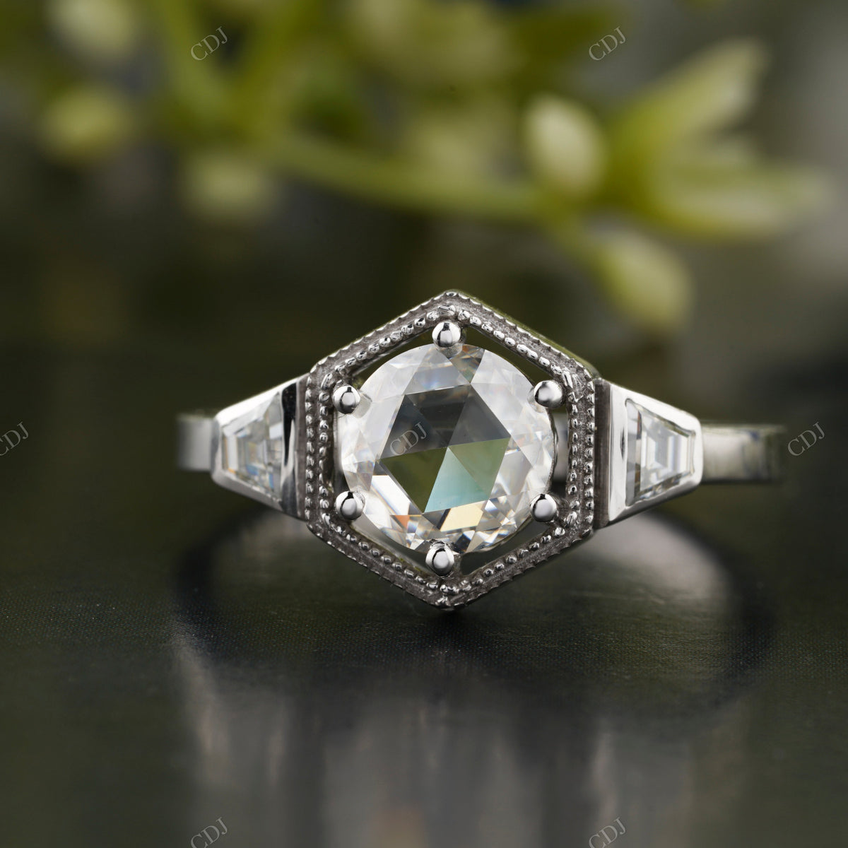 Hexagon Lab-Grown Diamond Milgrain Halo  Ring