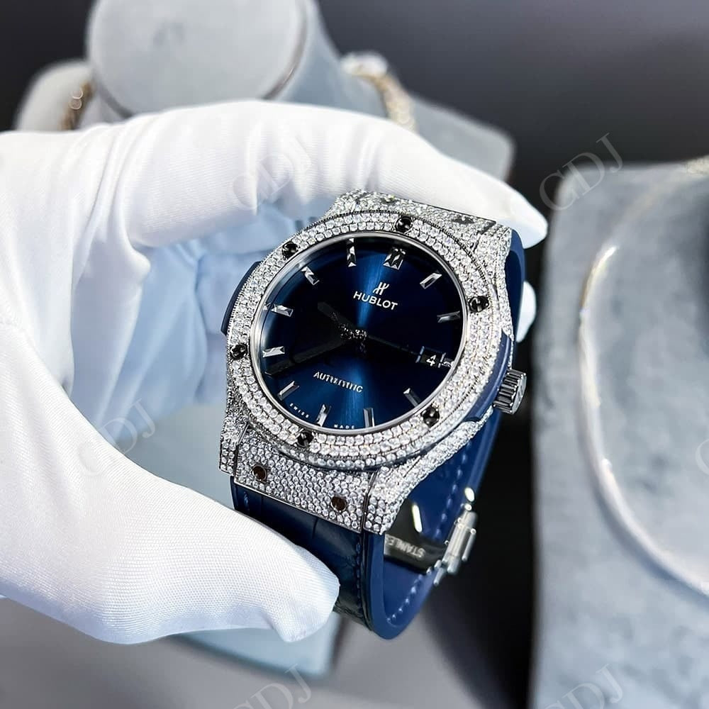 Blue Rubber Belt Blue Dial Custom Moissanite Watch customdiamjewel