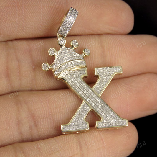 1.5" 0.40 CTW Initial 10K Gold Letter 'X' Crown Real Diamond Pendant CustomDiamJewel