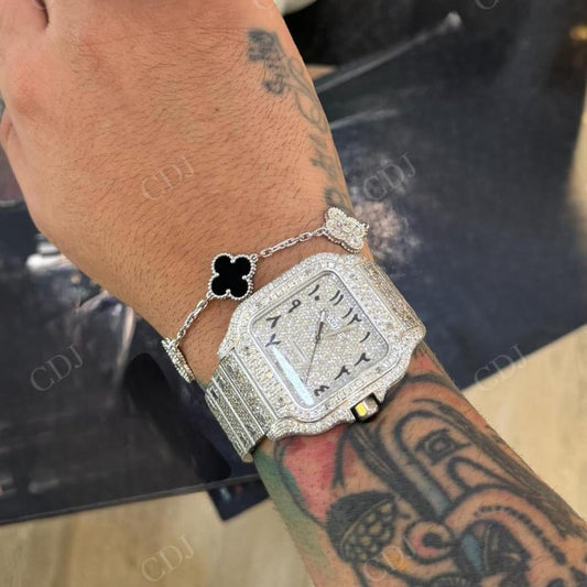 Fully White Cartier Santos Iced Out Lab Diamond Watch With Arabic Numerical hip hop jewelry CustomDiamJewel