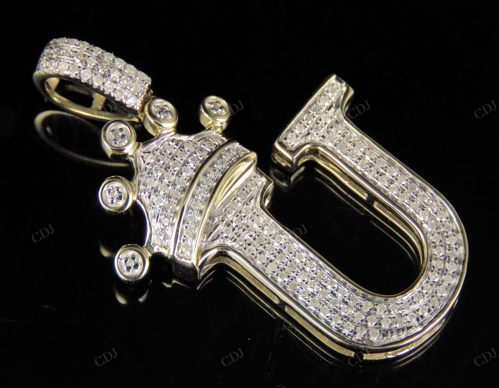 1.5" 14K Gold Natural Diamond Crown Initial 'U' Letter Pendant CustomDiamJewel