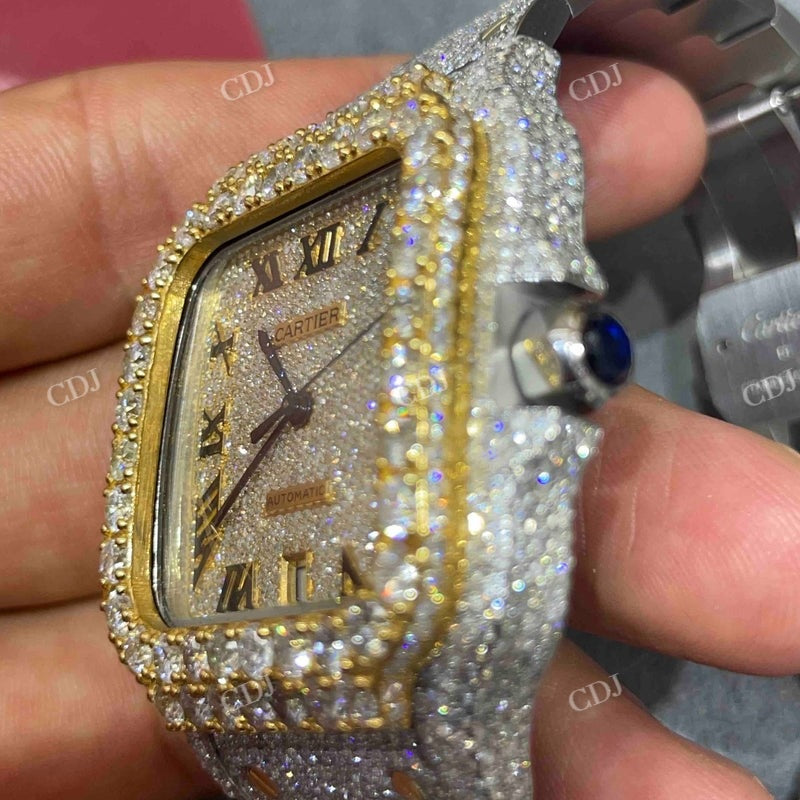 Moissanite Studded Cartier Santos Two Tone Iced Out Watch customdiamjewel