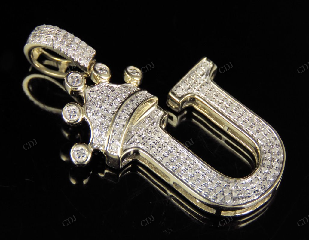 1.5" 14K Gold Natural Diamond Crown Initial 'U' Letter Pendant CustomDiamJewel