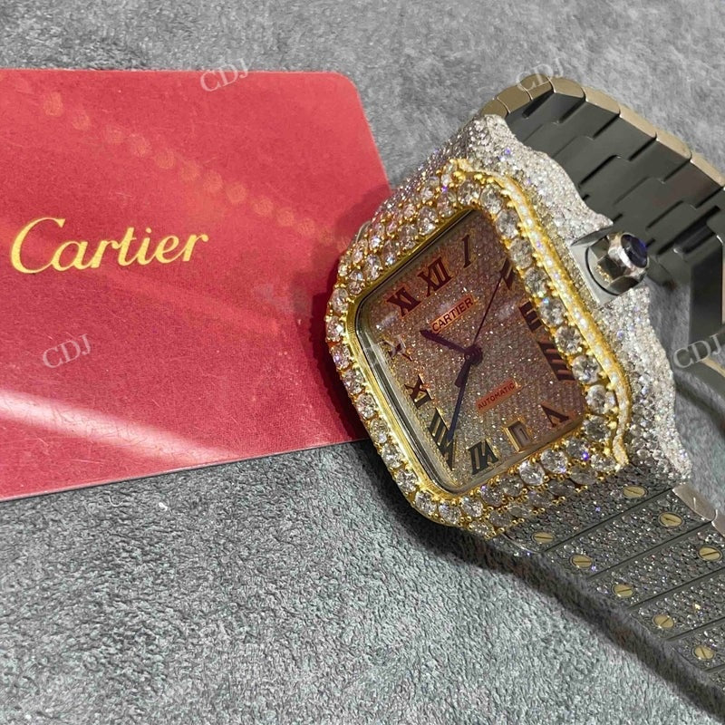 Moissanite Studded Cartier Santos Two Tone Iced Out Watch customdiamjewel