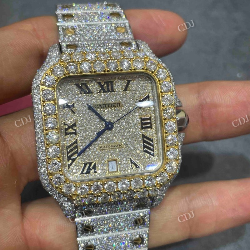 Moissanite Studded Cartier Santos Two Tone Iced Out Watch customdiamjewel