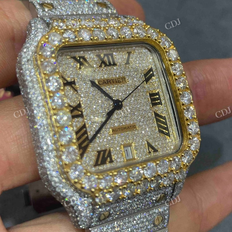 Moissanite Studded Cartier Santos Two Tone Iced Out Watch customdiamjewel