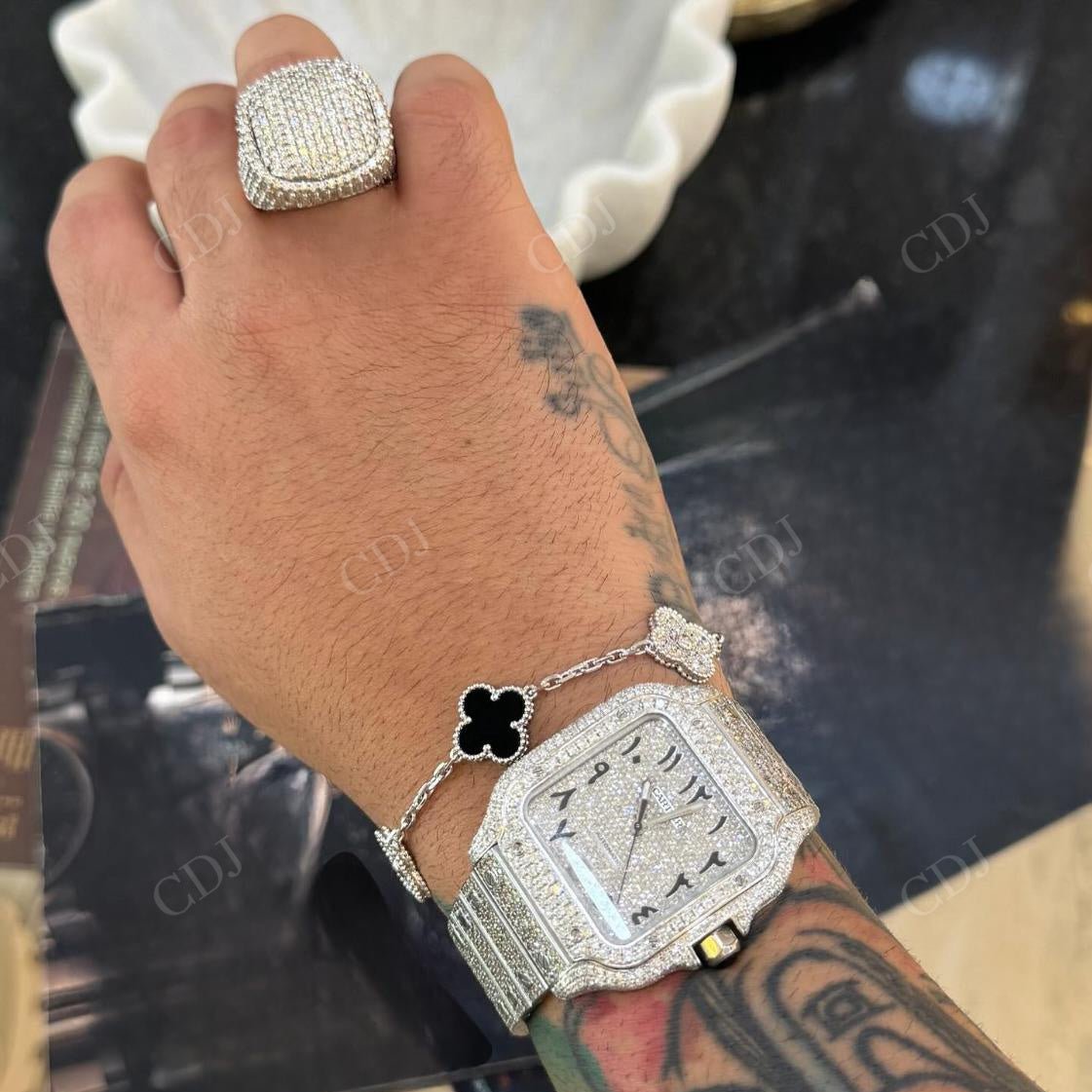 Fully White Cartier Santos Iced Out Lab Diamond Watch With Arabic Numerical hip hop jewelry CustomDiamJewel