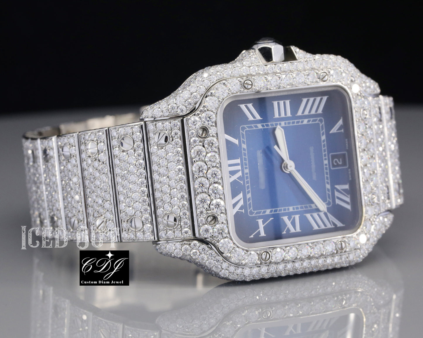 Top Quality Blue Dial Cartier Iced Out Moissanite Luxuries Watch customdiamjewel