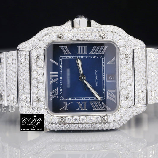 Top Quality Blue Dial Cartier Iced Out Moissanite Luxuries Watch customdiamjewel
