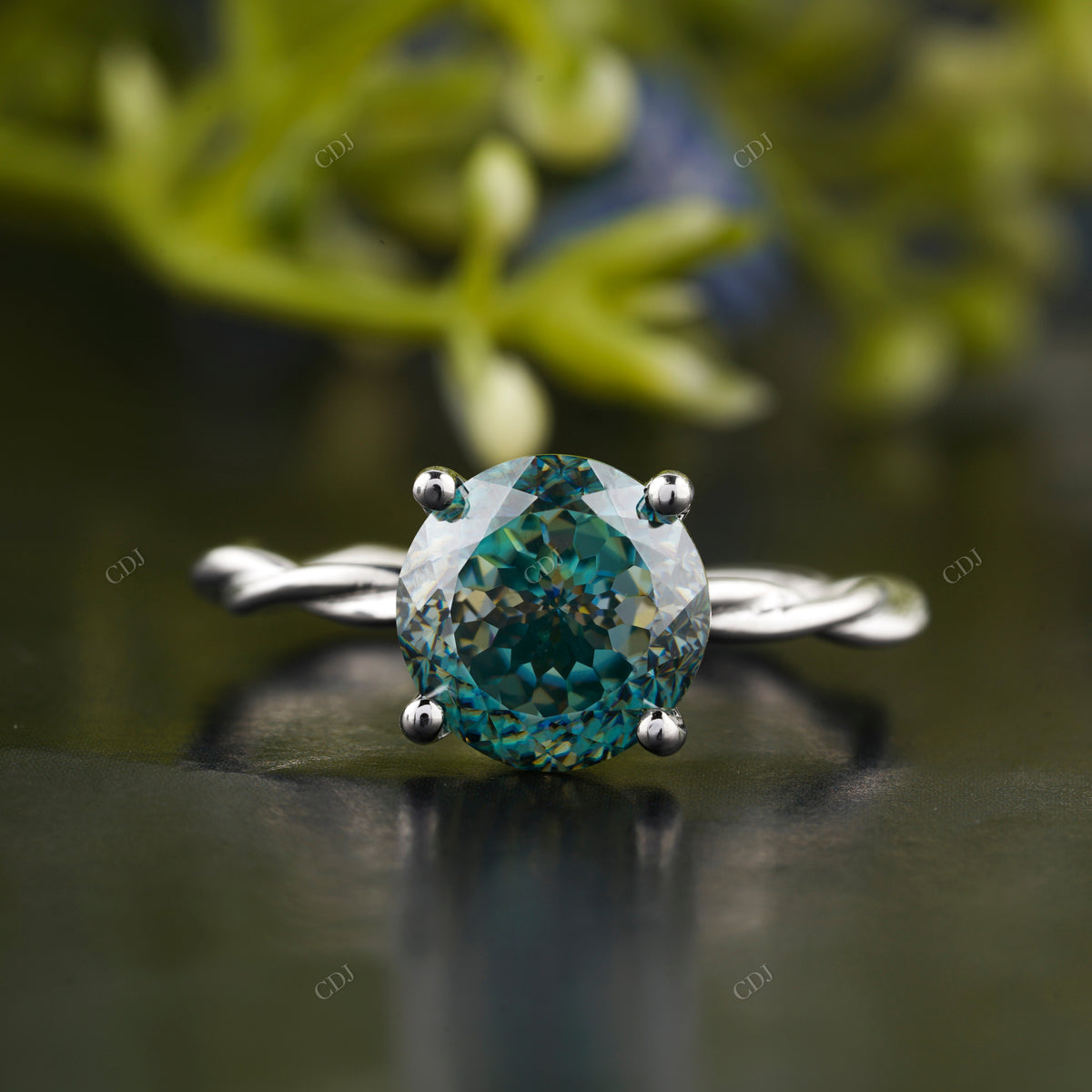 Teal Round Moissanite Twisted Band
