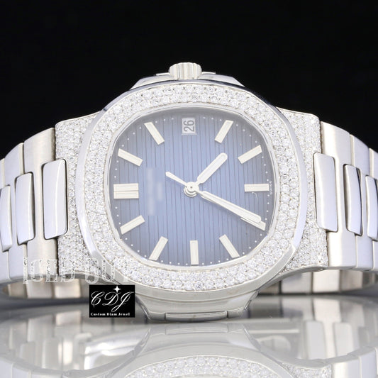 Full Iced Out Blue Dial Patek Philippe Custom Moissanite Watch customdiamjewel
