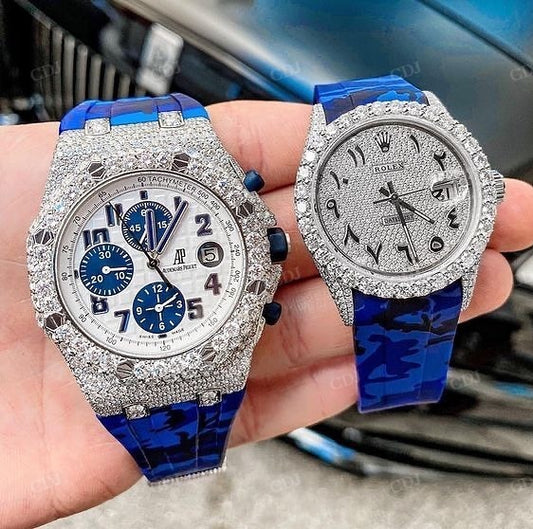 Blue Rubber Belt Customized Hip Hop Diamond Luxury AP And Rolex Watches customdiamjewel