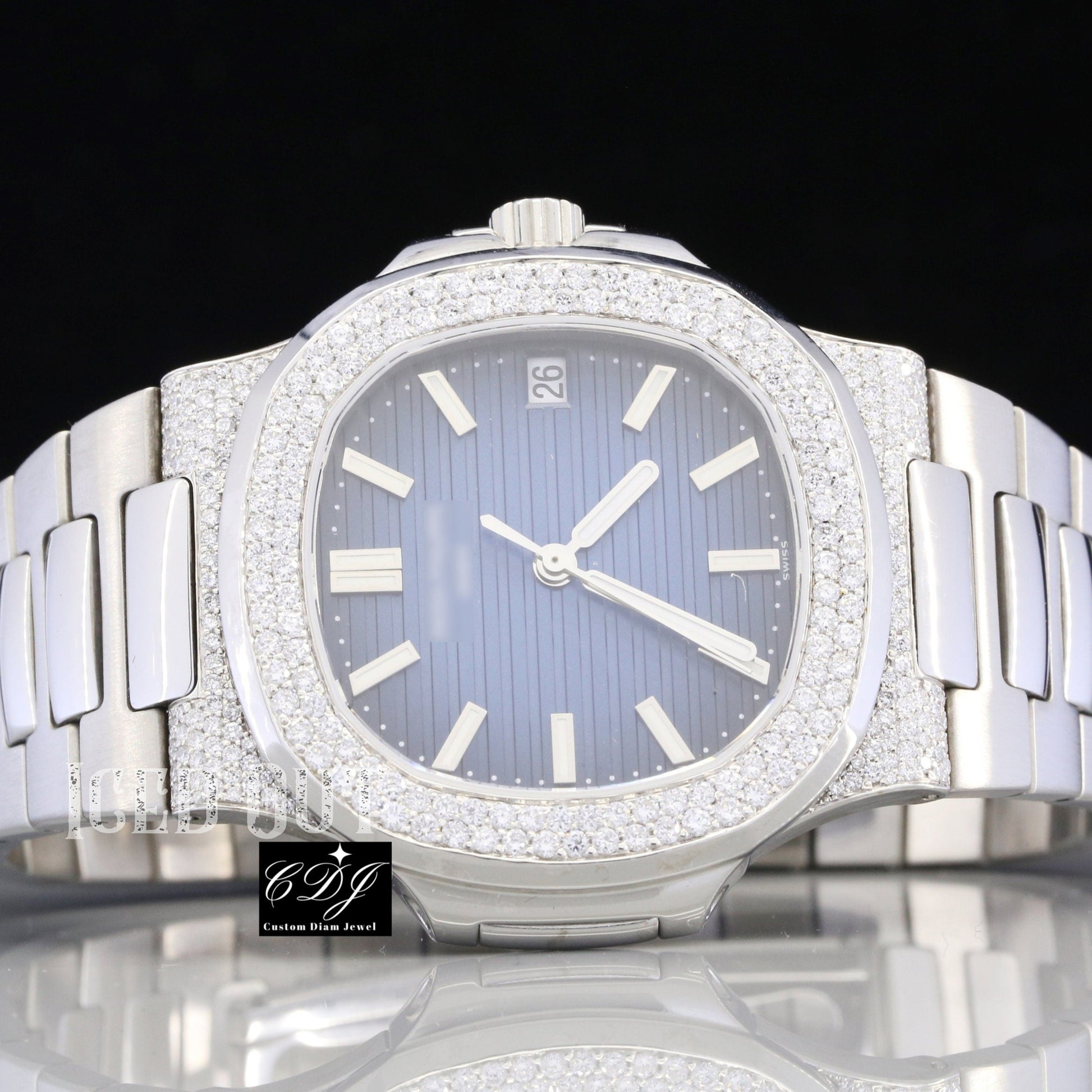 Moissanite Diamond Studded Blue Dial Analog Watch For Men's customdiamjewel