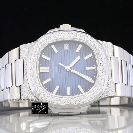 Moissanite Diamond Studded Blue Dial Analog Watch For Men's customdiamjewel