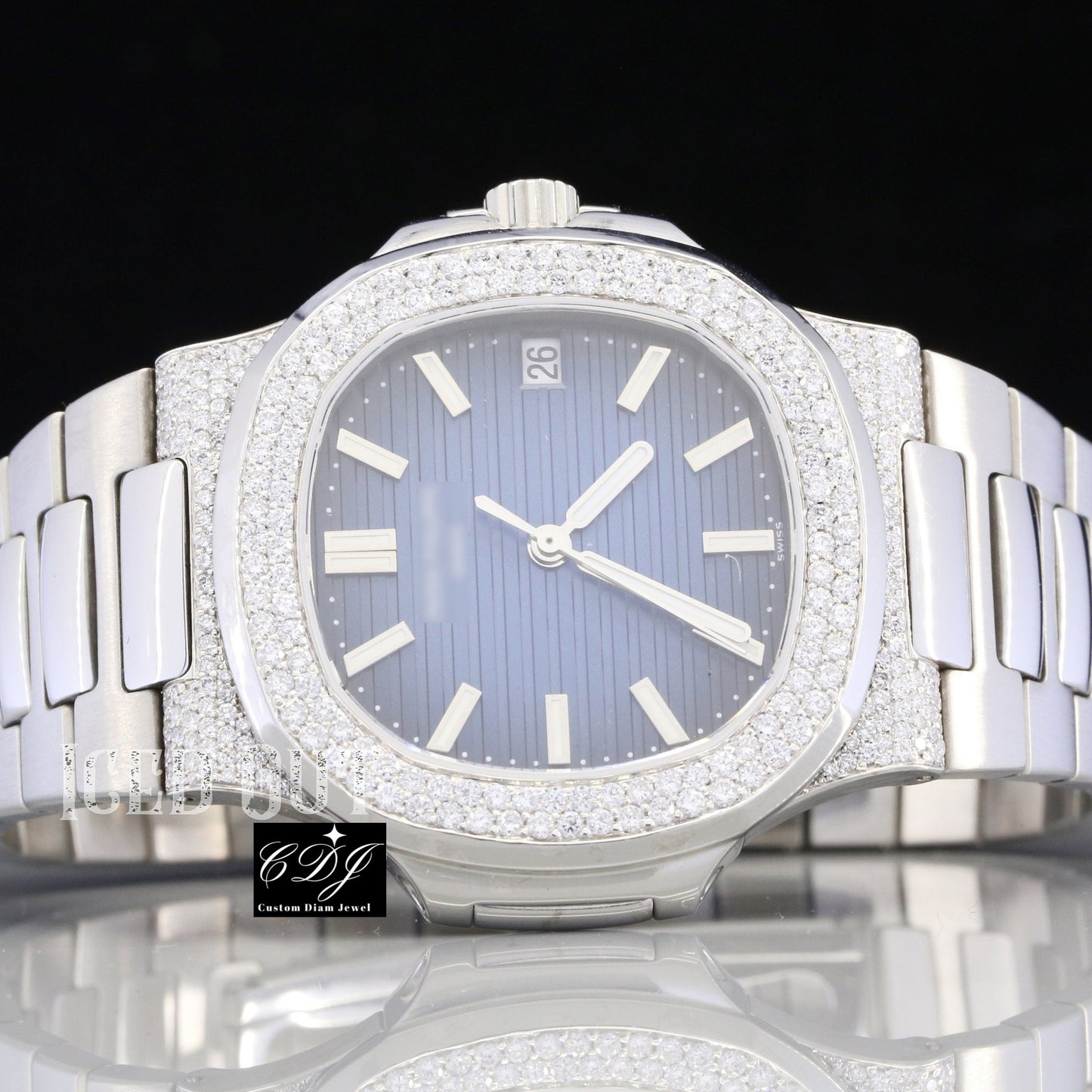 Custom made Real Diamond Watch Blue Dial Watch Hip Hop Luxury Bust Down Wristwatch Pass Diamond Tester Handmade Hip-hop Watches
