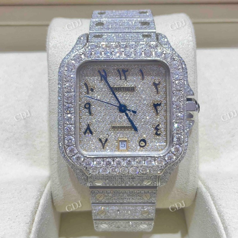 41mm Full White Cartier Santos Arabic Dial VVS Moissanite Watch customdiamjewel