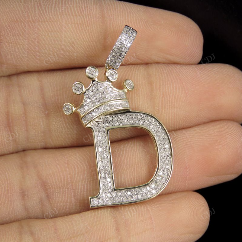 1.5" 10K Gold Natural Diamond Crown Initial "D" Letter Pendant CustomDiamJewel