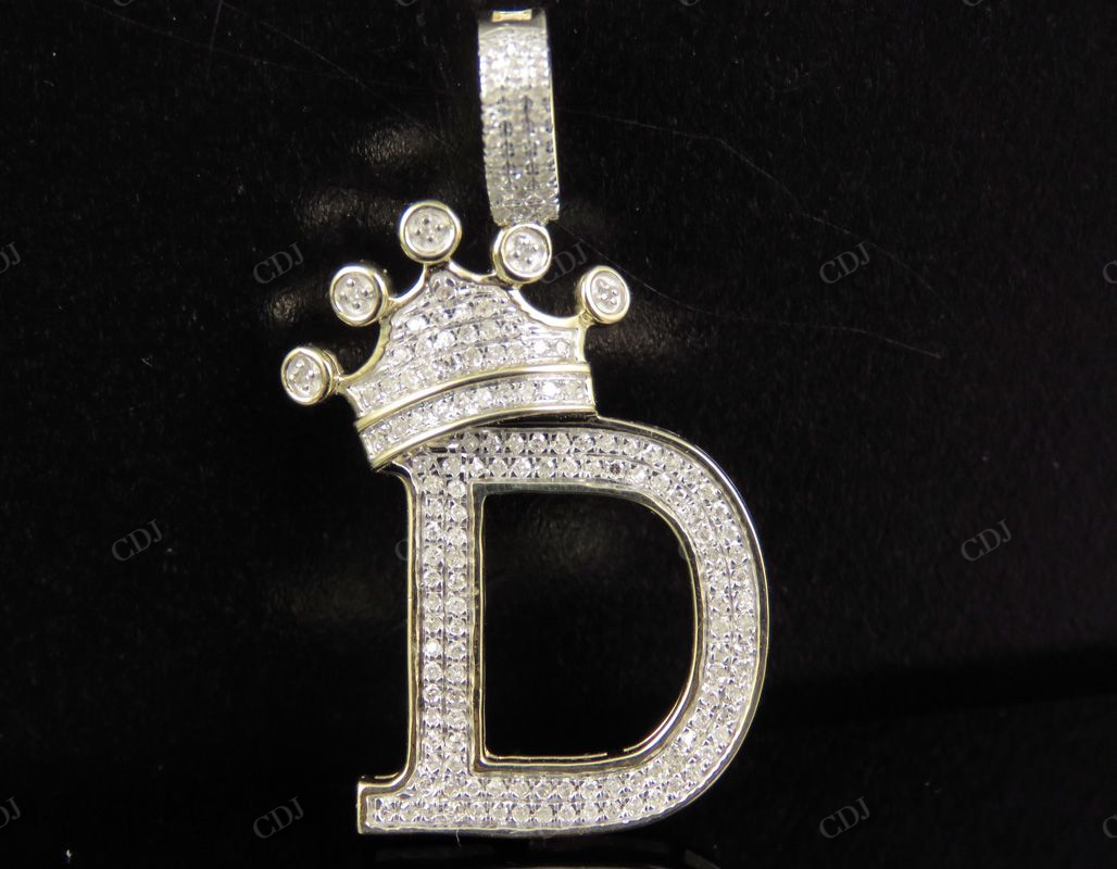 1.5" 10K Gold Natural Diamond Crown Initial "D" Letter Pendant CustomDiamJewel