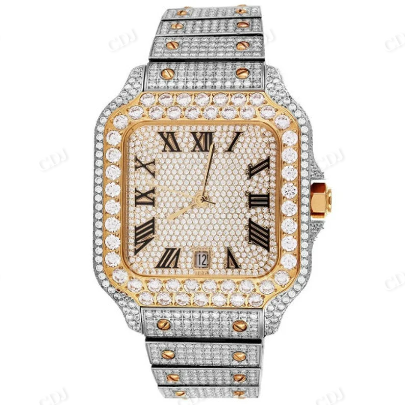 Real Diamond Two Tone Iced Out Cartier Santos Automatic Watch customdiamjewel