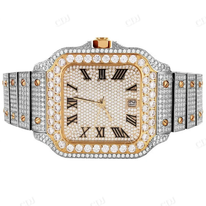 Real Diamond Two Tone Iced Out Cartier Santos Automatic Watch customdiamjewel