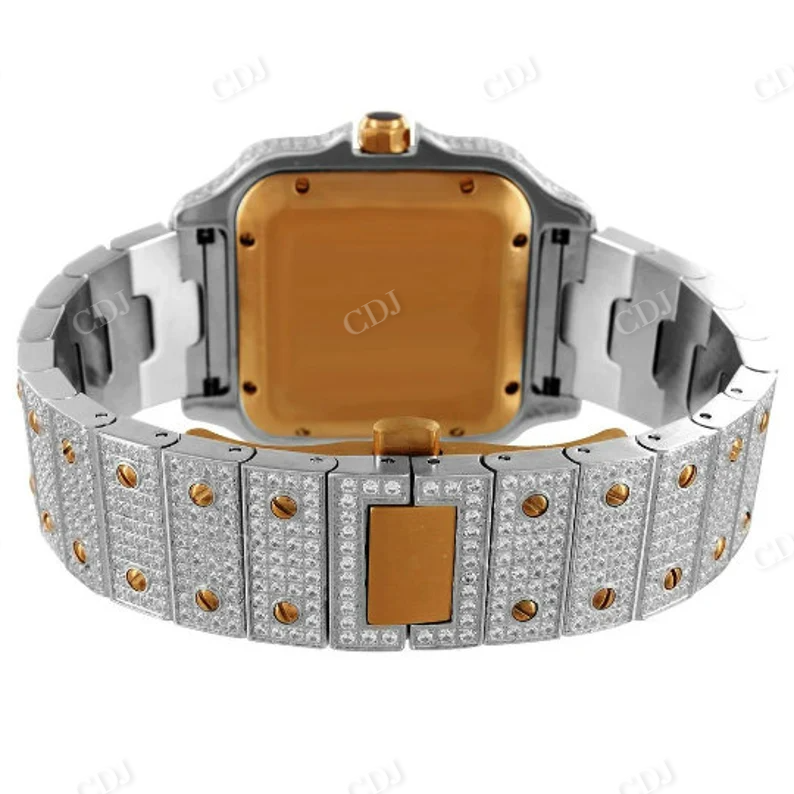 Real Diamond Two Tone Iced Out Cartier Santos Automatic Watch customdiamjewel