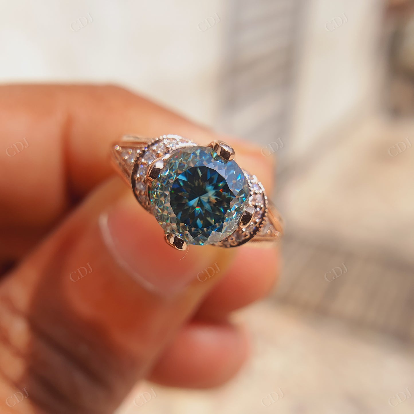Round Portuguese Cut Moissanite Diamond Ring