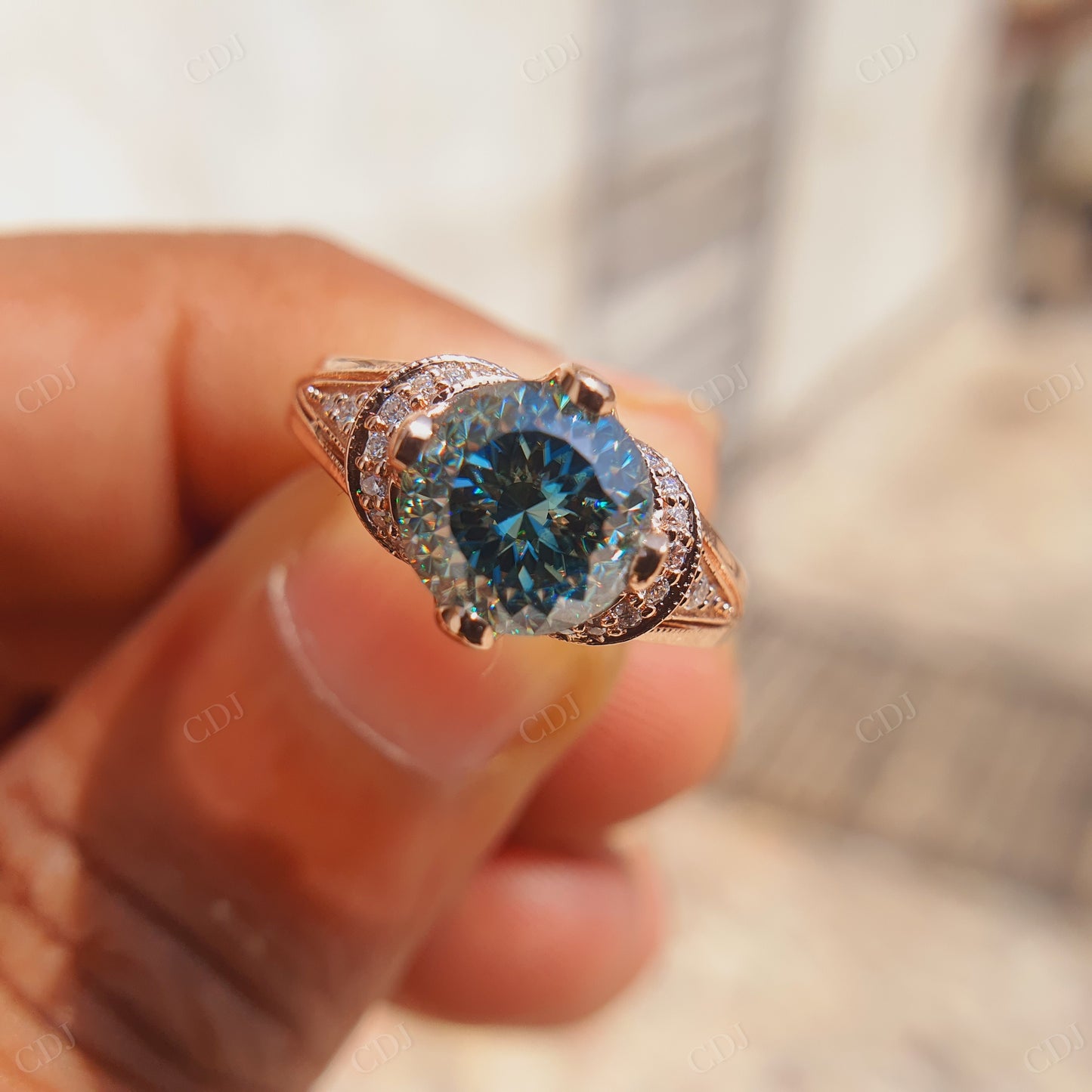Round Portuguese Cut Moissanite Diamond Ring