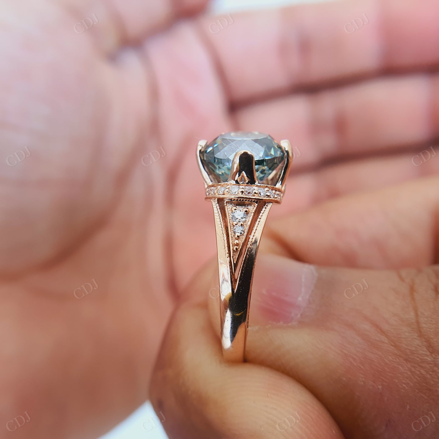 Round Portuguese Cut Moissanite Diamond Ring