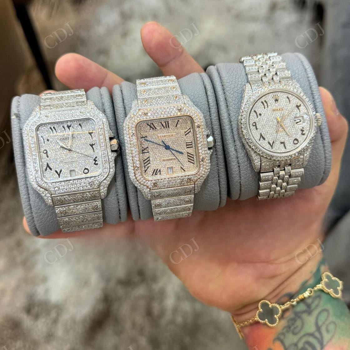 Luxury Arabic Dial Full White Cartier Santos Iced Out Moissanite Watch hip hop jewelry CustomDiamJewel