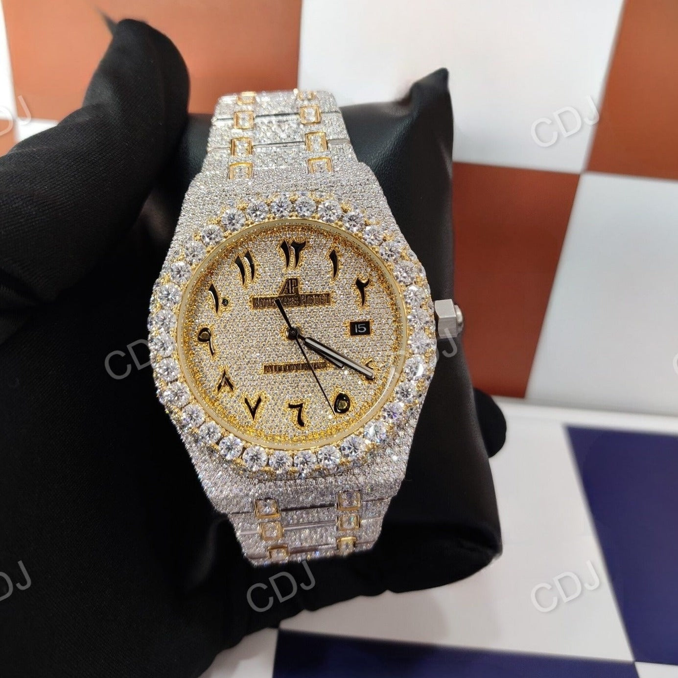 Two Tone Yellow White Arabic Dial Moissanite Diamond Wrist Watch customdiamjewel