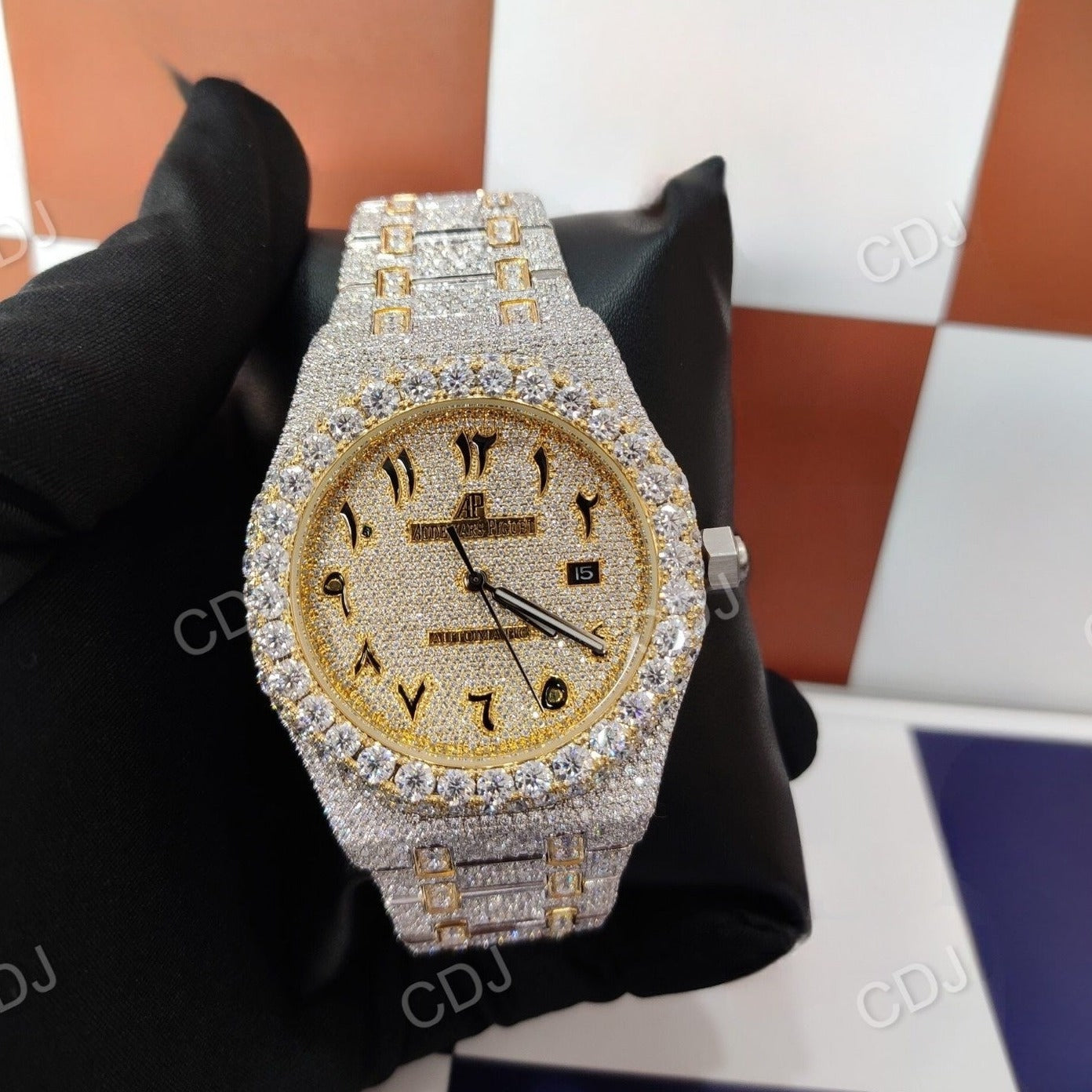 Two Tone Luxury Moissanite Diamond Arabic Numerical Dial Watch customdiamjewel