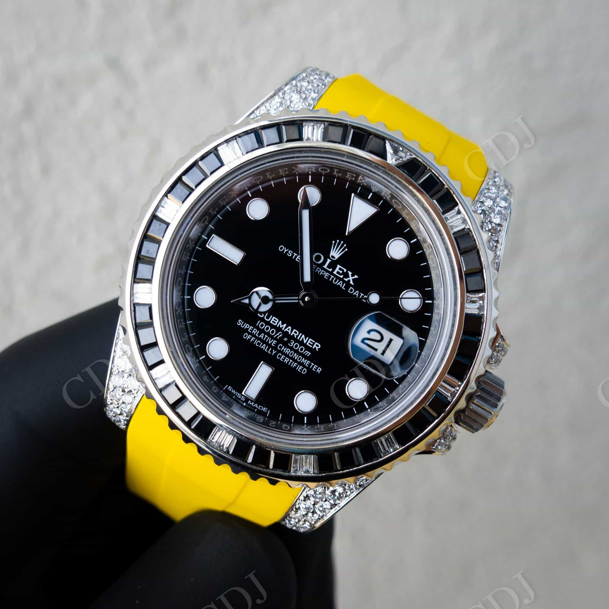 Yellow Rubber Belt Black Dial Custom Rolex Watch customdiamjewel