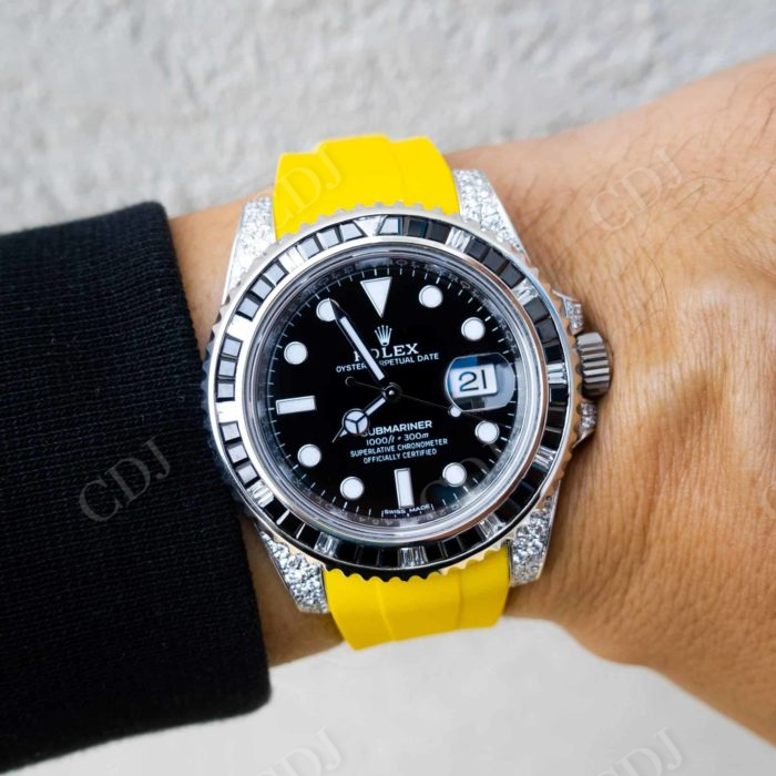 Yellow Rubber Belt Black Dial Custom Rolex Watch customdiamjewel