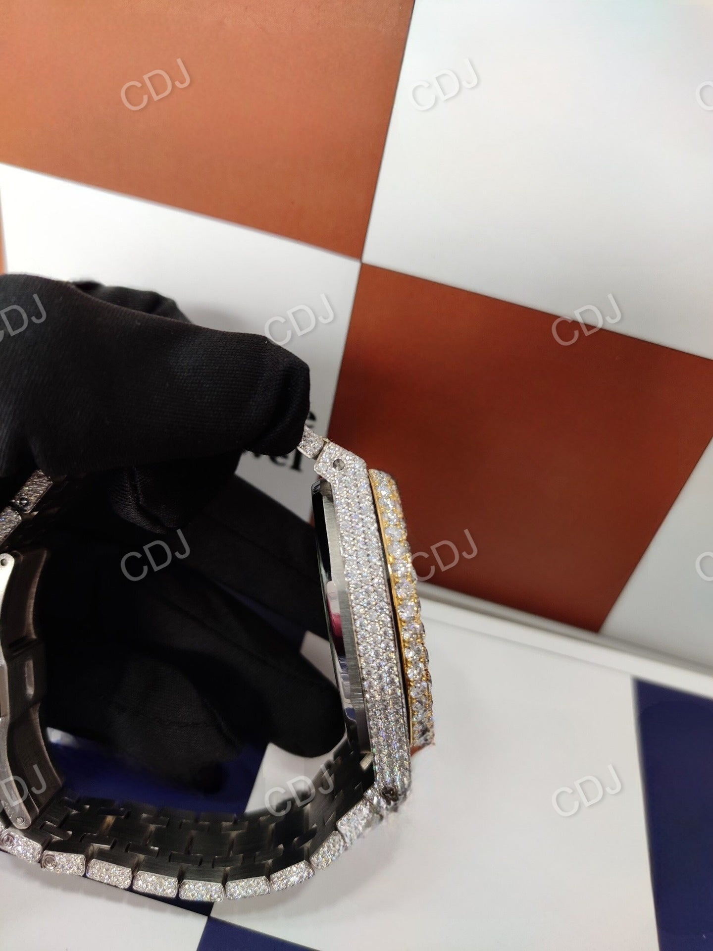 Two Tone Yellow White Arabic Dial Moissanite Diamond Wrist Watch customdiamjewel