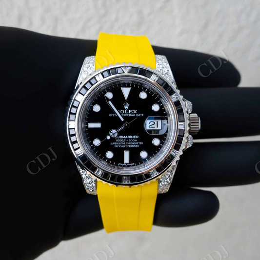 Yellow Rubber Belt Black Dial Custom Rolex Watch customdiamjewel