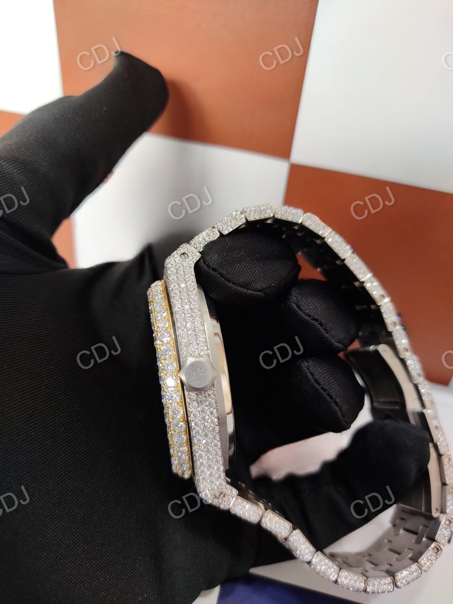 Two Tone Yellow White Arabic Dial Moissanite Diamond Wrist Watch customdiamjewel