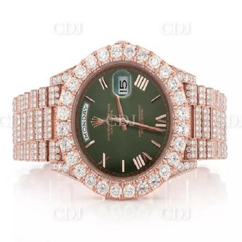 Black Dial Round Bezel Rolex Diamond Rose Gold Pelted Watch (22.96CTW)