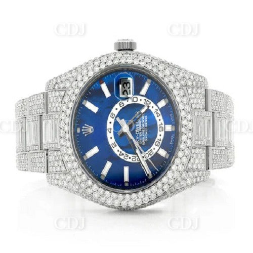 Luxury Custom Bling Hip Hop Fully Iced Out Watches Blue Dial Baguette Diamond Jubilee Belt Watches Stainless Steel Analog Watch