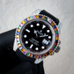 Black Rubber Belt Rolex With Rainbow Bezel Diamonds customdiamjewel