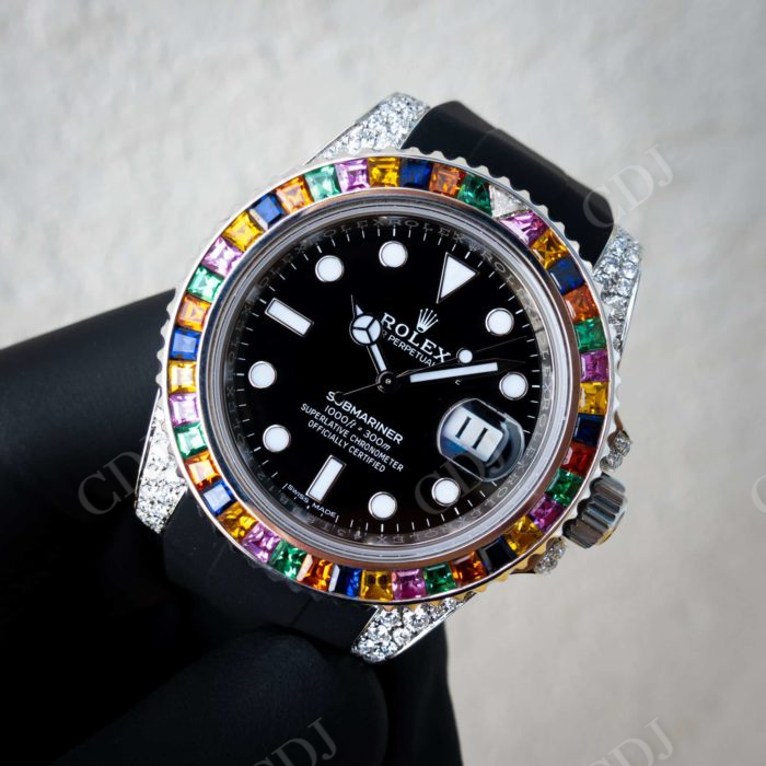 Black Rubber Belt Rolex With Rainbow Bezel Diamonds customdiamjewel