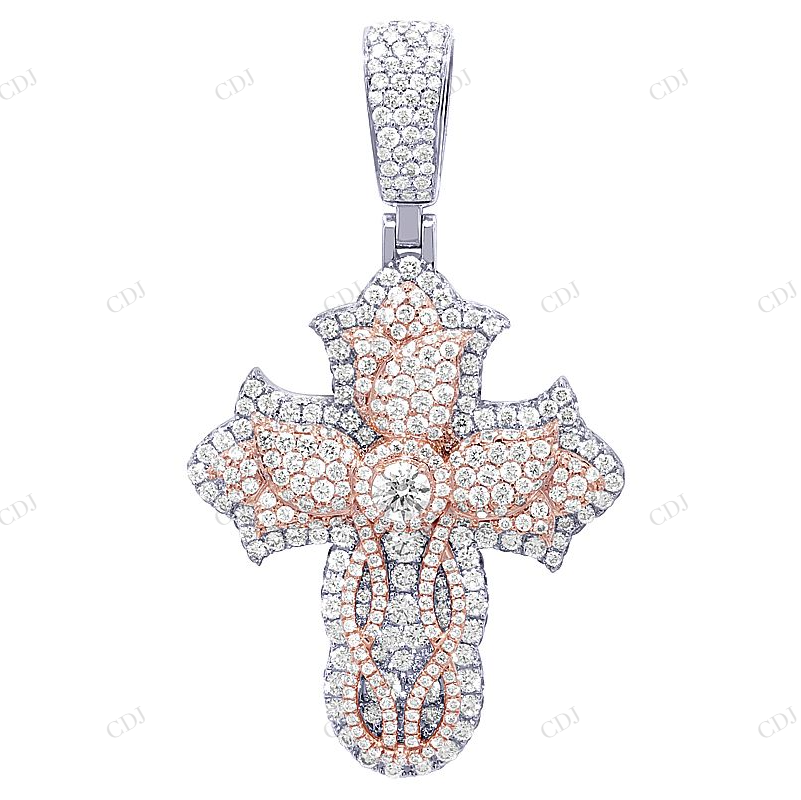 10K Two Tone Gold Lab Grown Rose Cross Diamond Pendant Hip Hop Pendent CustomDiamJewel