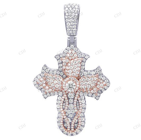 10K Two Tone Gold Lab Grown Rose Cross Diamond Pendant Hip Hop Pendent CustomDiamJewel
