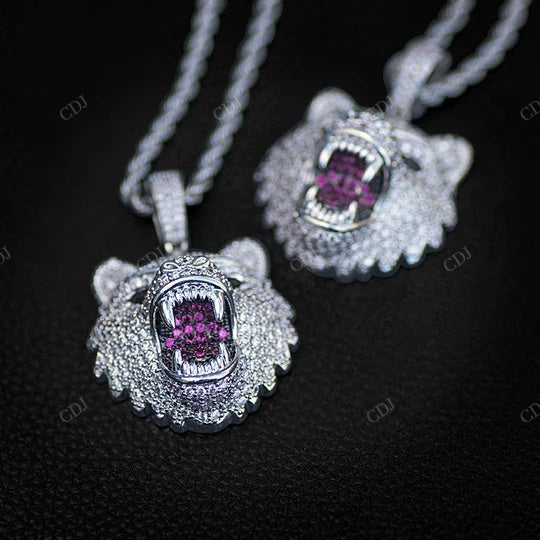 Round Moissanite Open Mouth Tiger Pendant Iced Out hip hop jewelry CustomDiamJewel