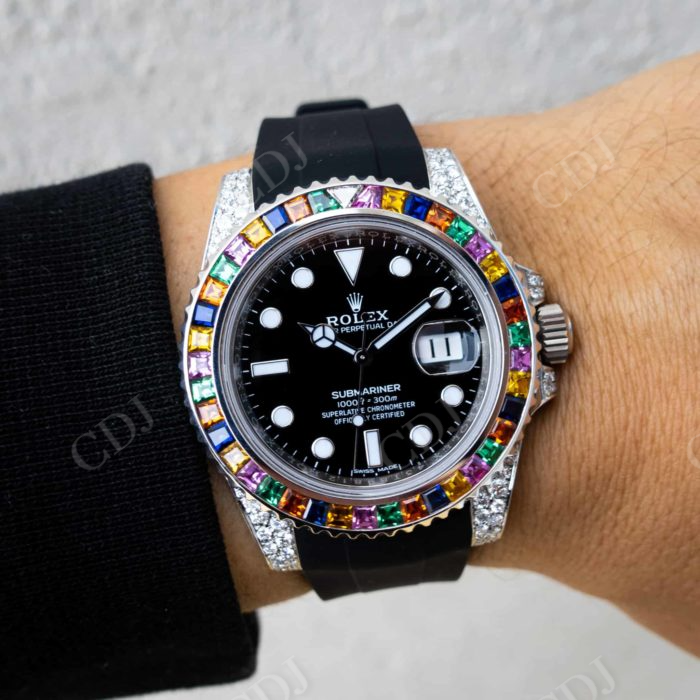 Black Rubber Belt Rolex With Rainbow Bezel Diamonds customdiamjewel