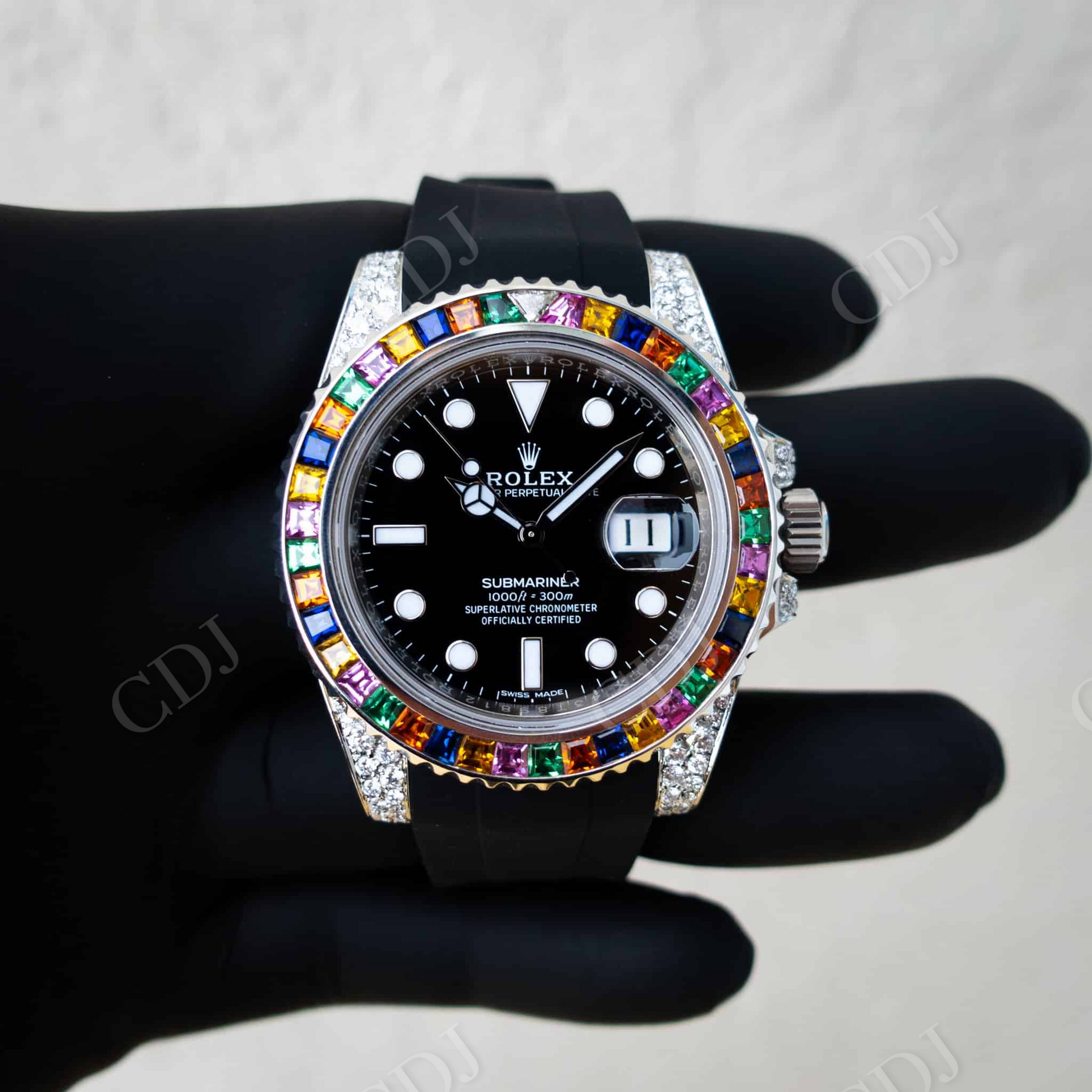 Black Rubber Belt Rolex With Rainbow Bezel Diamonds customdiamjewel